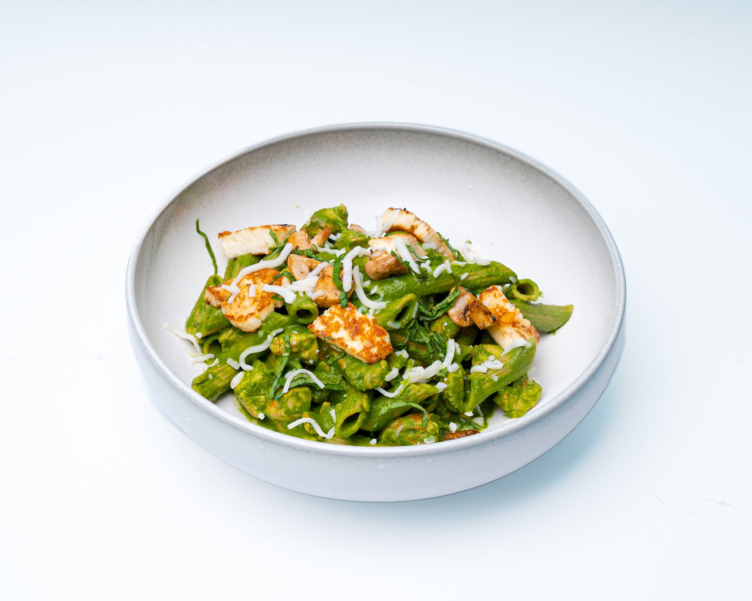 Prawn Pesto Tagliatelle — Basil pesto tagliatelle with garlic prawns.