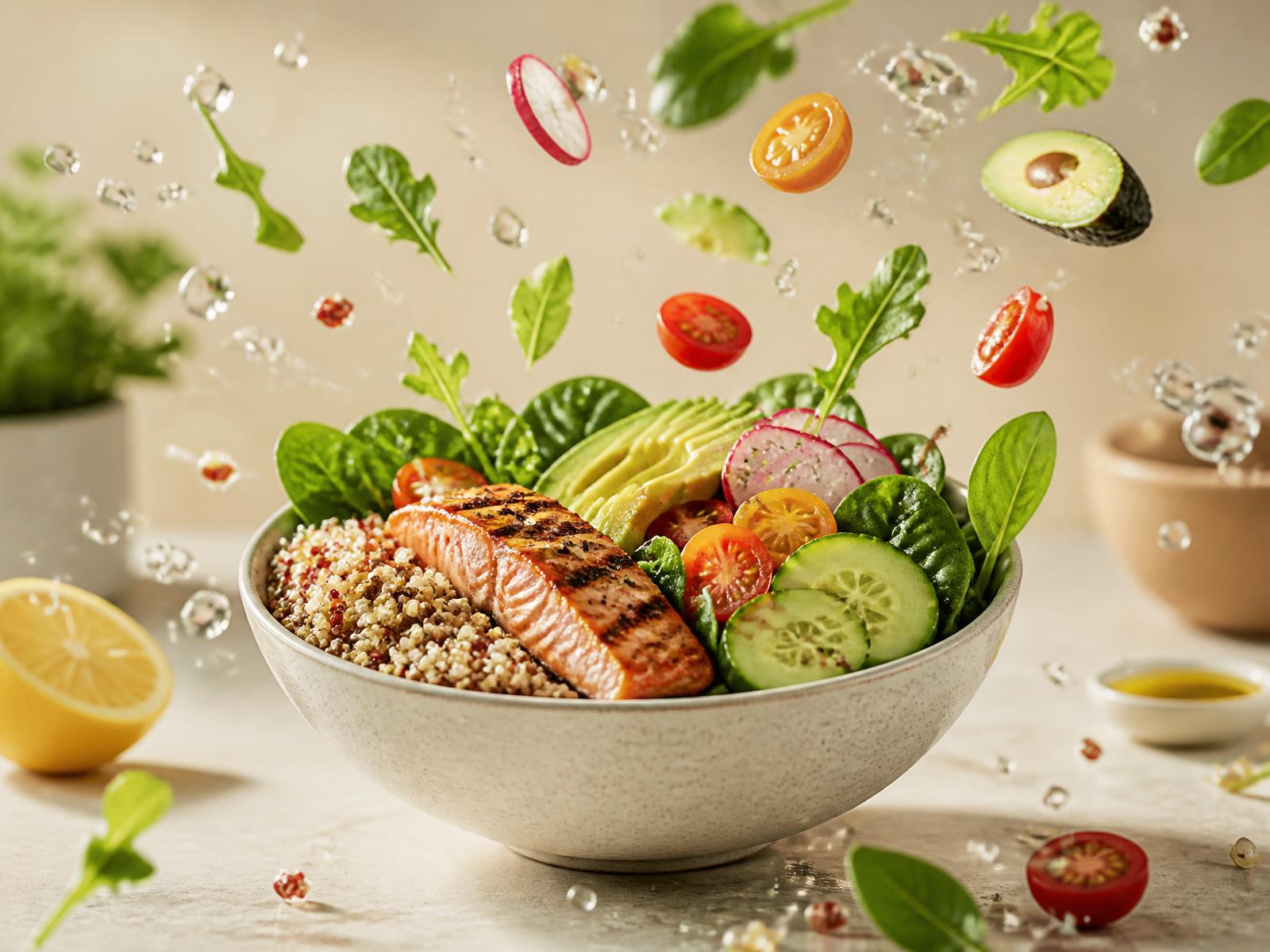 Grilled salmon and quinoa bowl with fresh ingredients suspended mid-air